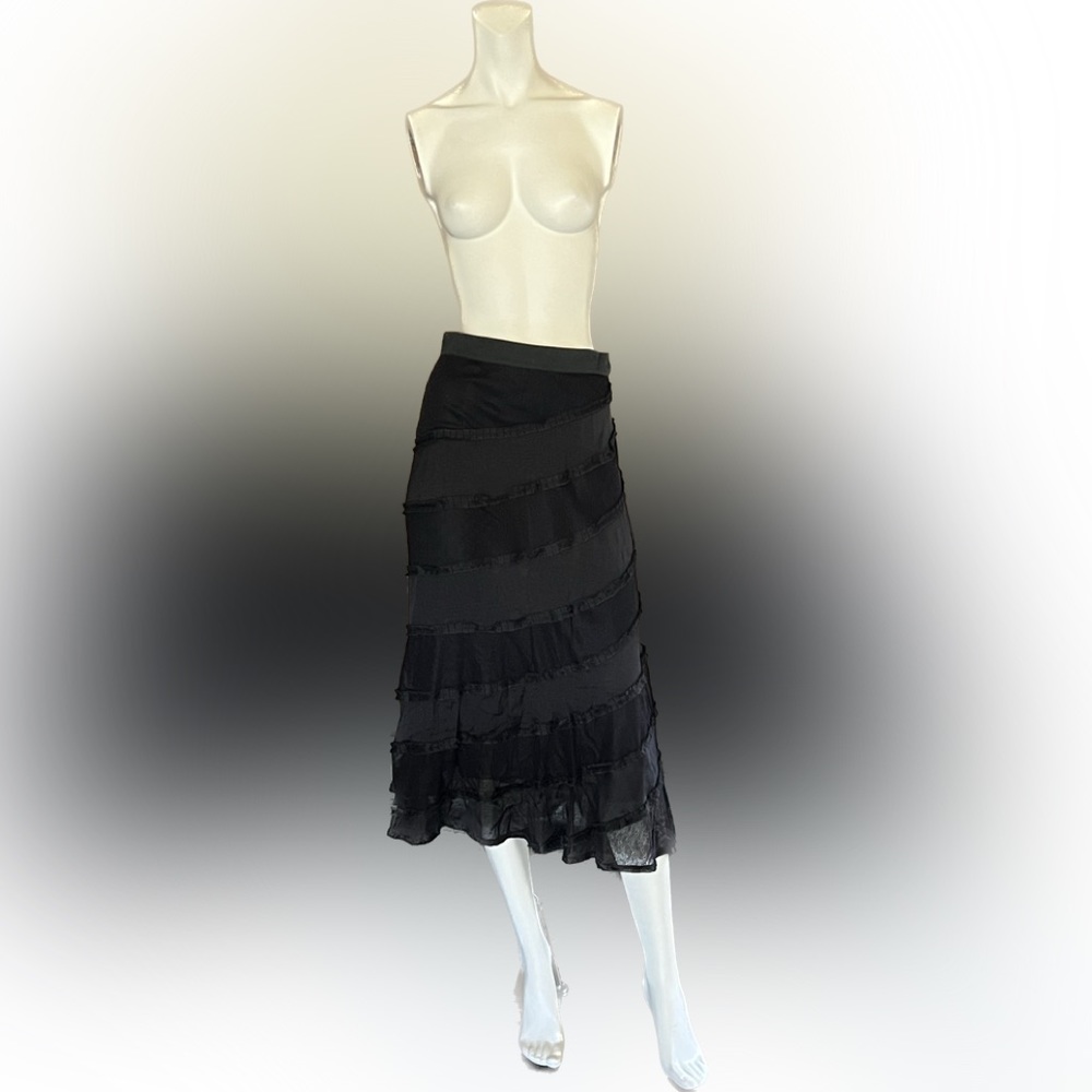 NWT CATHERINE MALANDRINO Black Silk + Lace Tiered Ruffle Midi Skirt SZ S/P